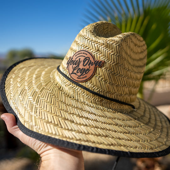 Straw Sun Hat with Your Custom Leatherette Branded Patch - Natural
