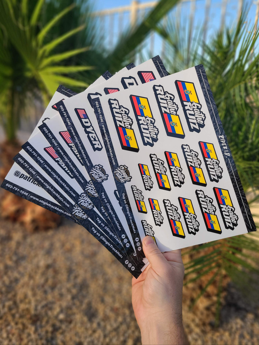 Hand holding a sheet of branded stickers with palm tree and blue sky in the background