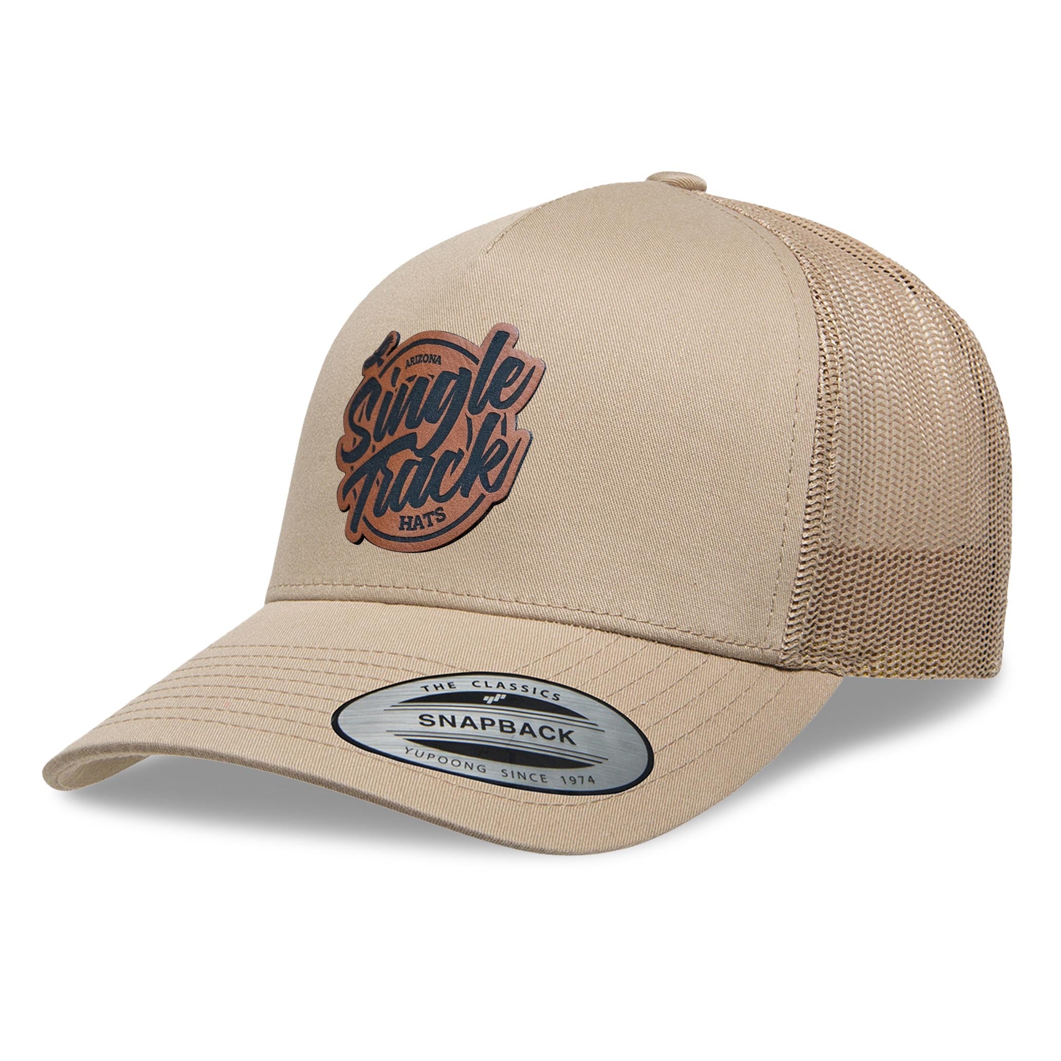 Custom Logo Hat Snapback Cap Tan Khaki Leather Patch