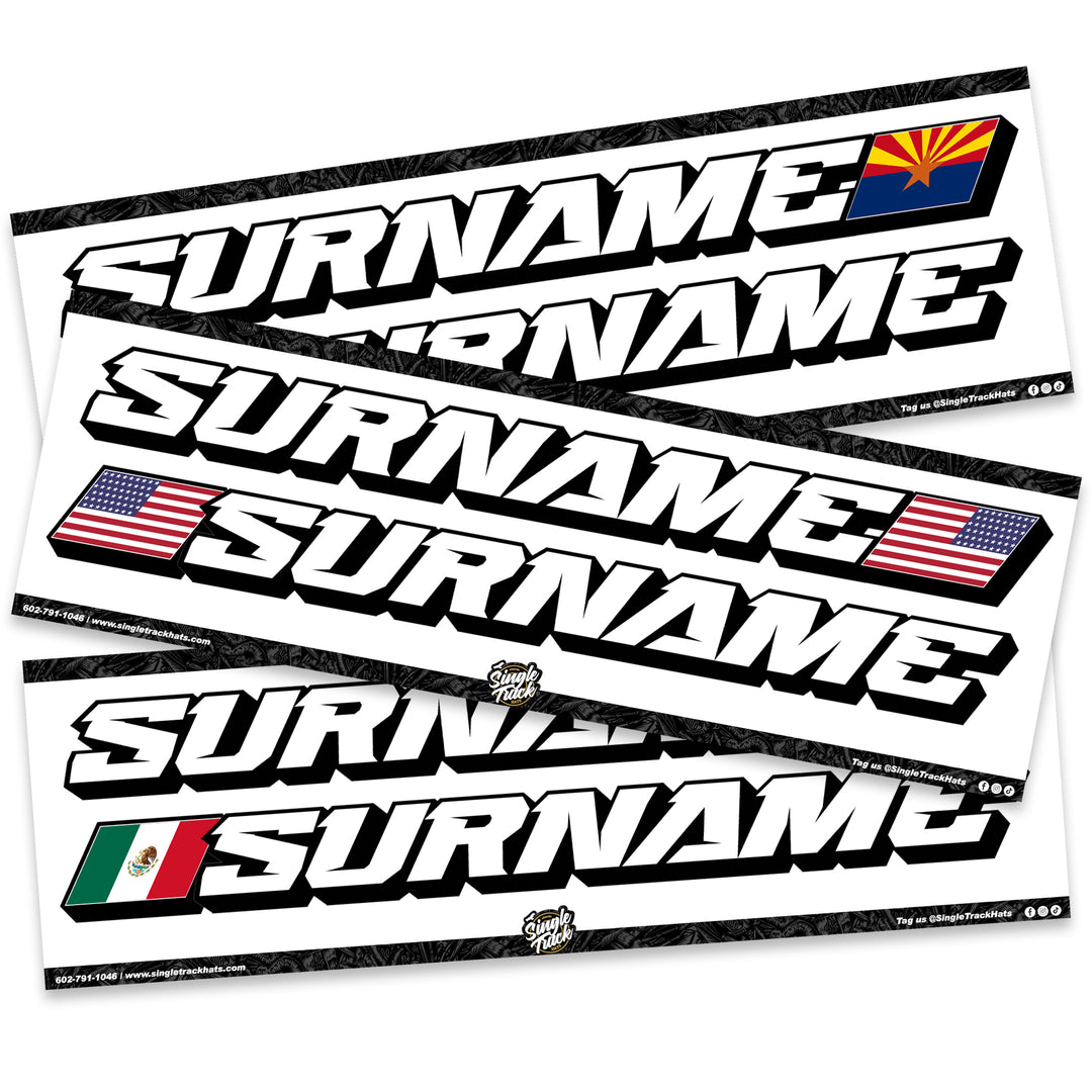 Custom UTV Name and Flag Stickers in Arizona, USA, and Italy flag designs. Surname decals shown in bold white text with black border, available in multiple flag options and sizes.