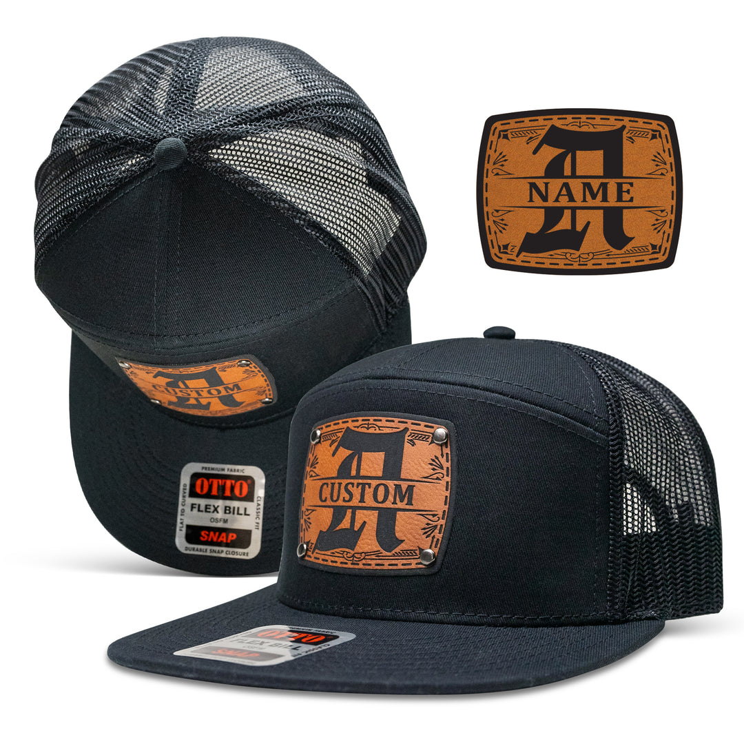 Black Otto Flex Bill Hat with Custom Leather Monogram Patch