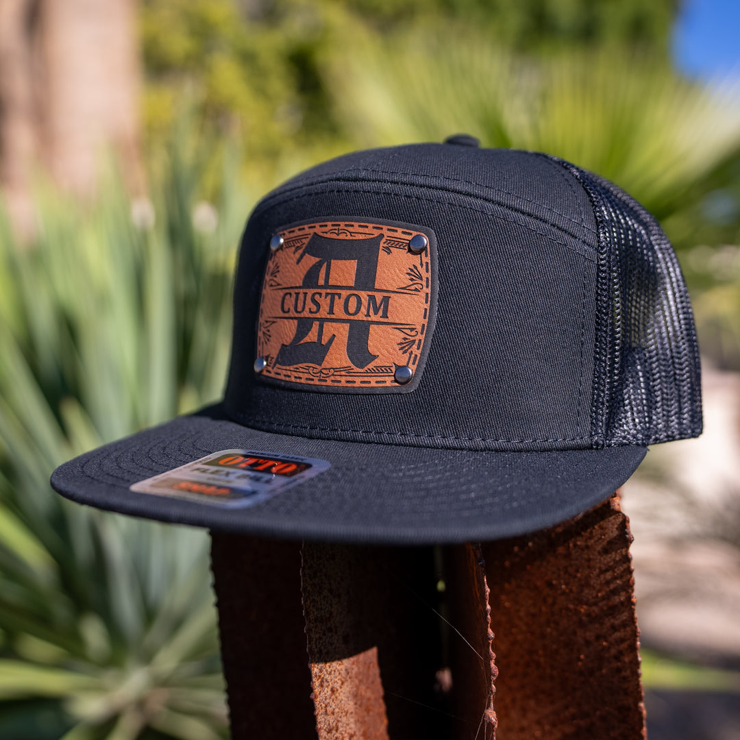 Customizable Black Flex Bill Hat with Riveted Leather Patch