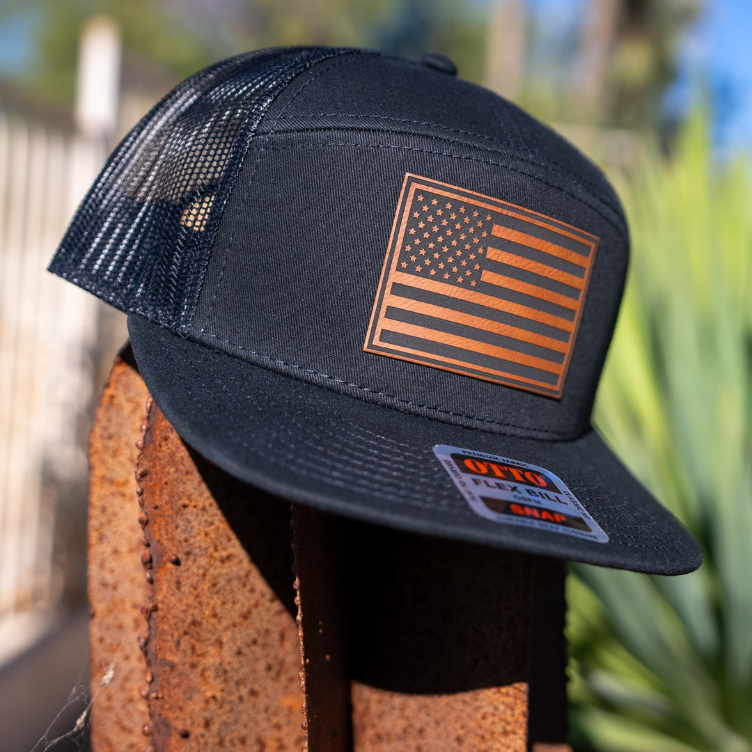 USA United States Flag Patch Hat Rawhide Black Snapback Trucker Flat Bill Cap Veteran Patriot Headwear