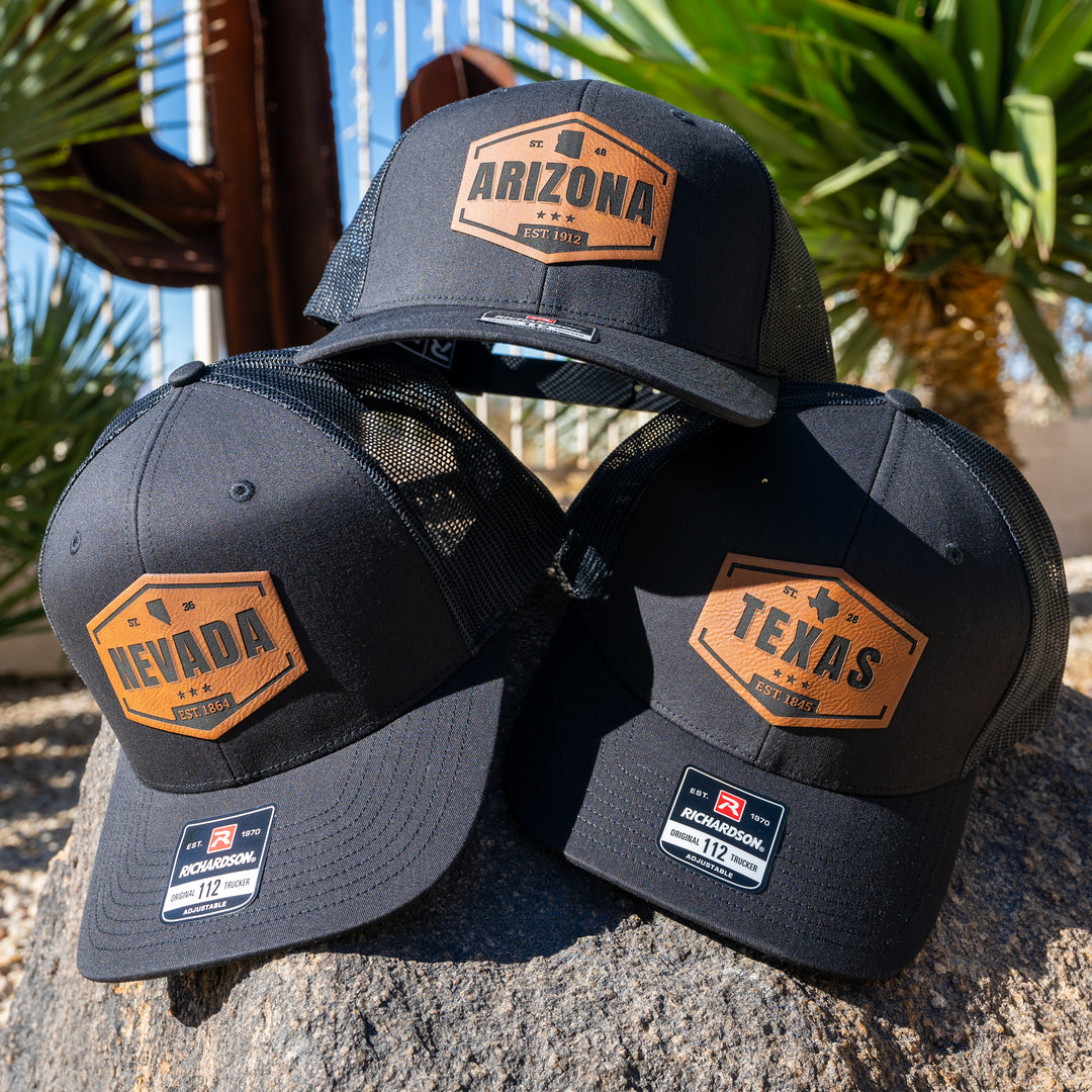 Black Richardson 112 hat with a rawhide leather patch engraved with the state of Texas silhouette, perfect for outdoor enthusiasts and locals alike