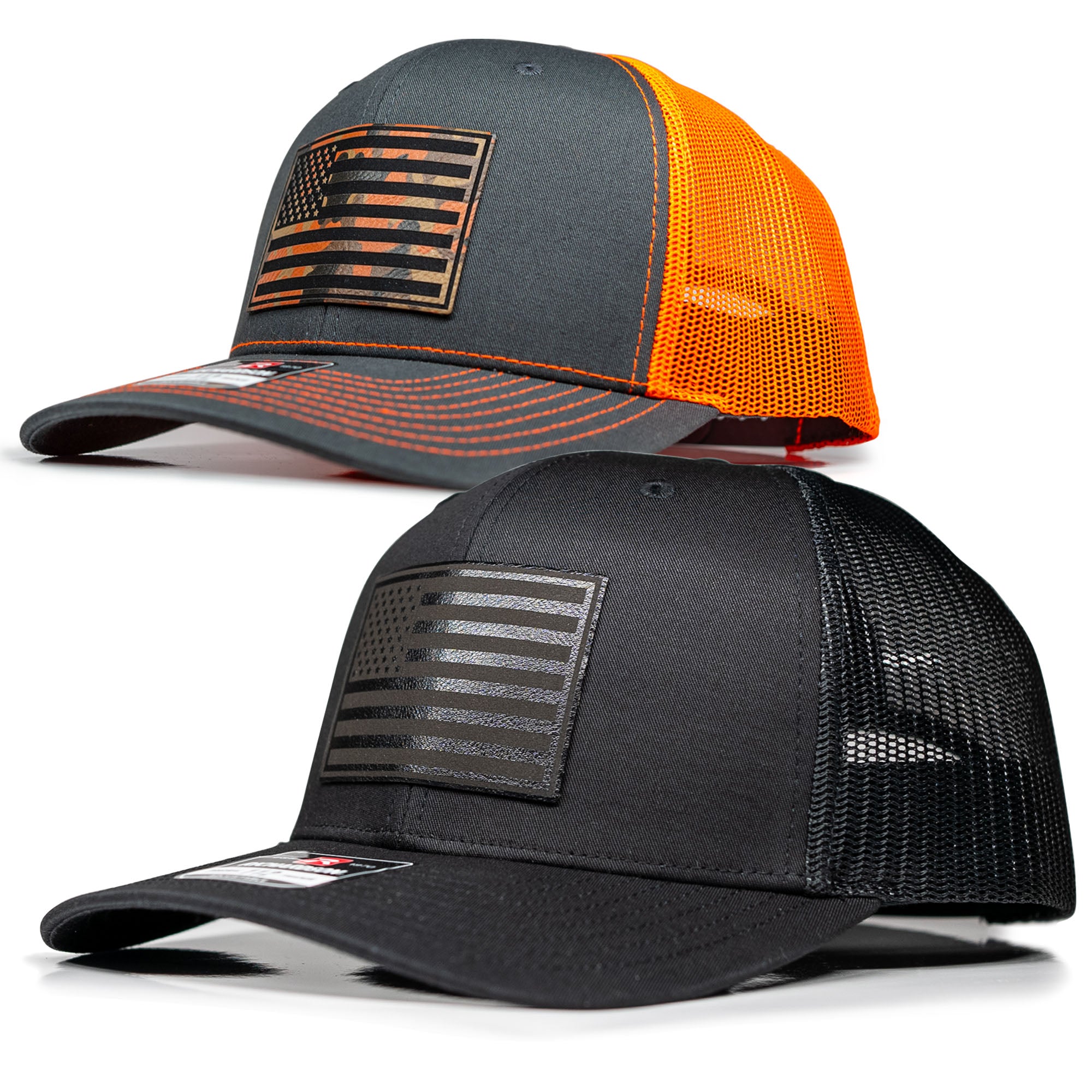 Hunting USA Flag Hat - American Black Leather Patch Trucker Cap - Quality Engraved Leatherette, United States, Military, Veteran, Father's Day Gift Black Orange