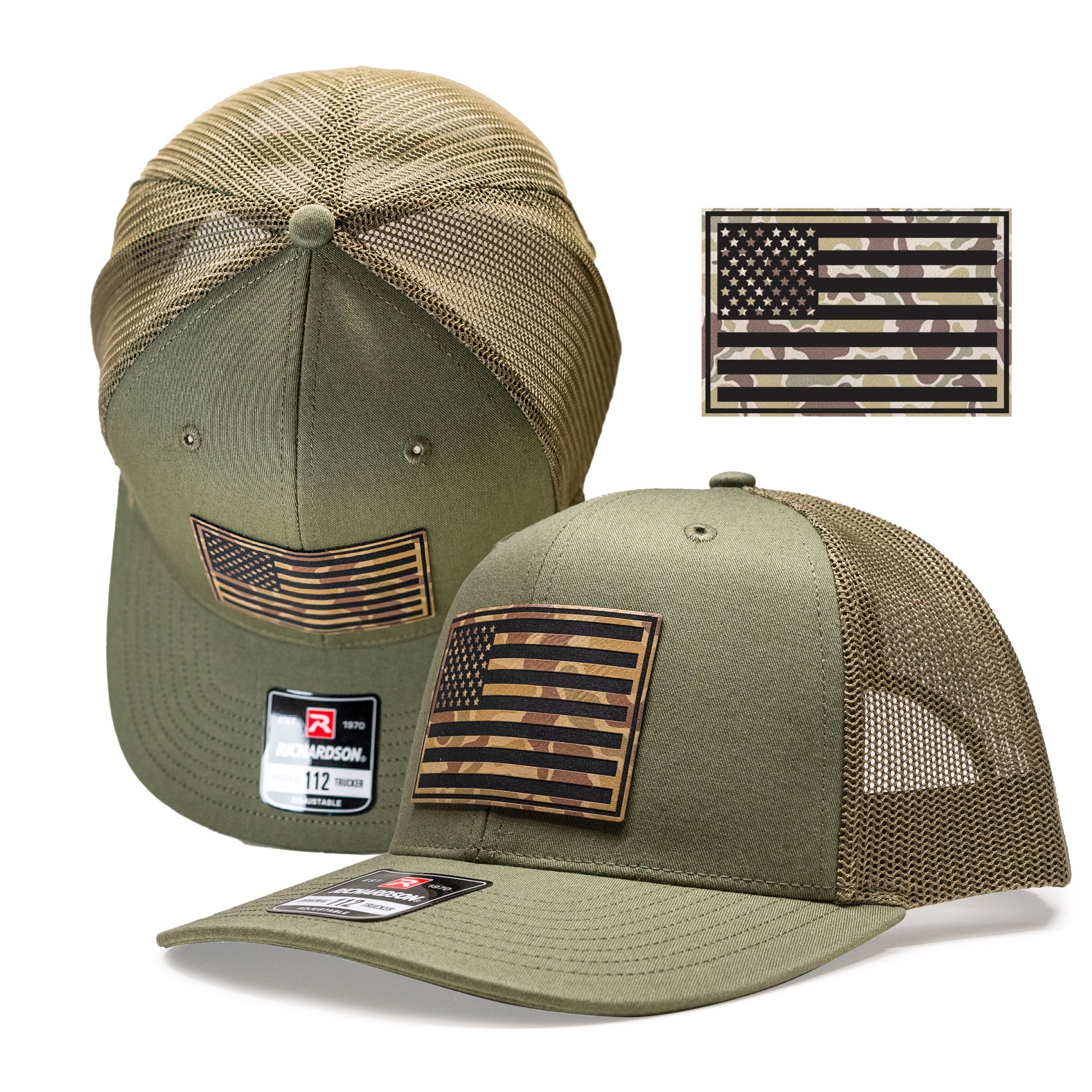 richardson 112 snapback trucker hat usa american flag patch army camo