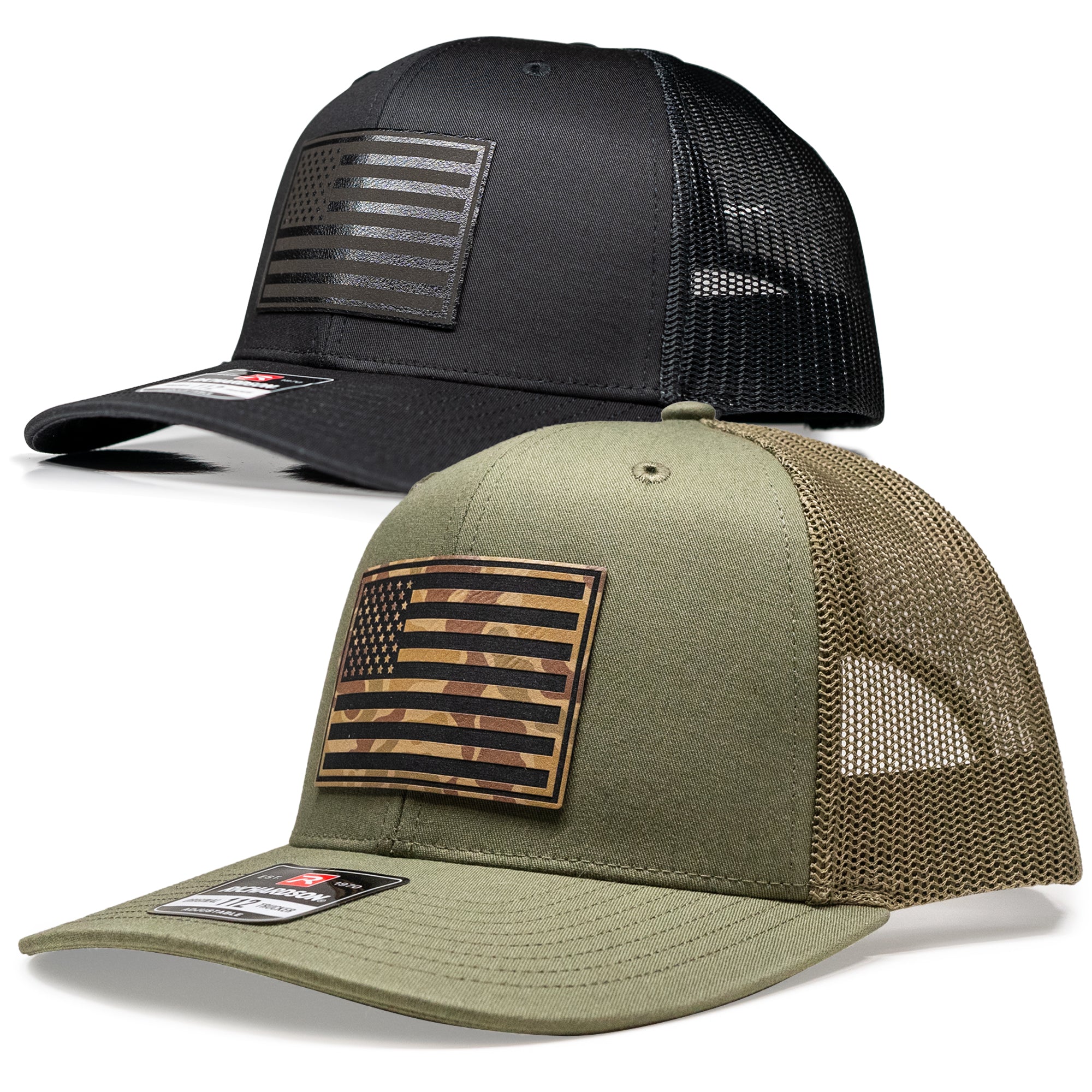 Black and Loden Green Richardson 112 USA Flag Trucker Hats 2-Pack featuring leatherette patches