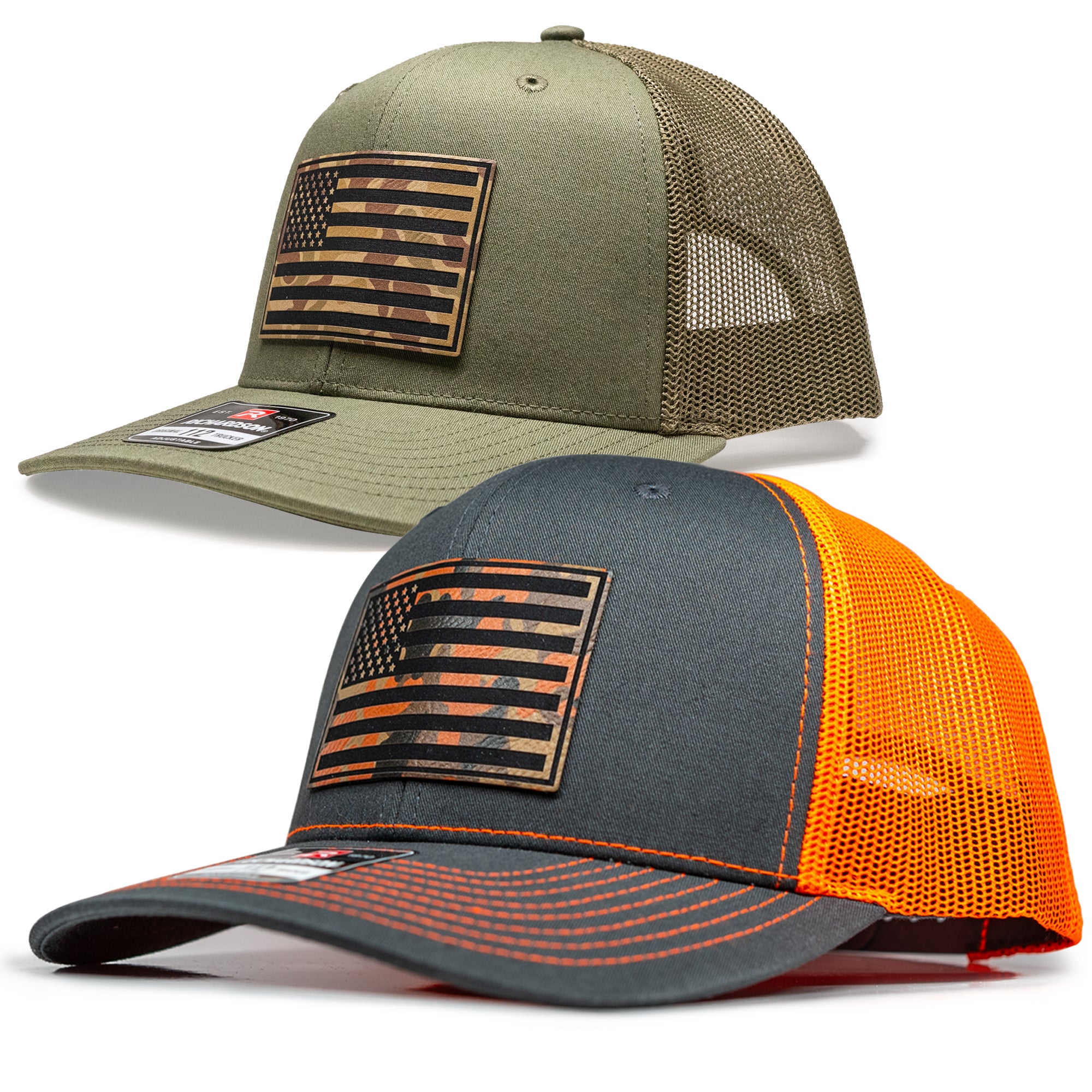 Blaze orange and loden green Richardson 112 USA flag trucker hats 2-pack with camo leatherette patches
