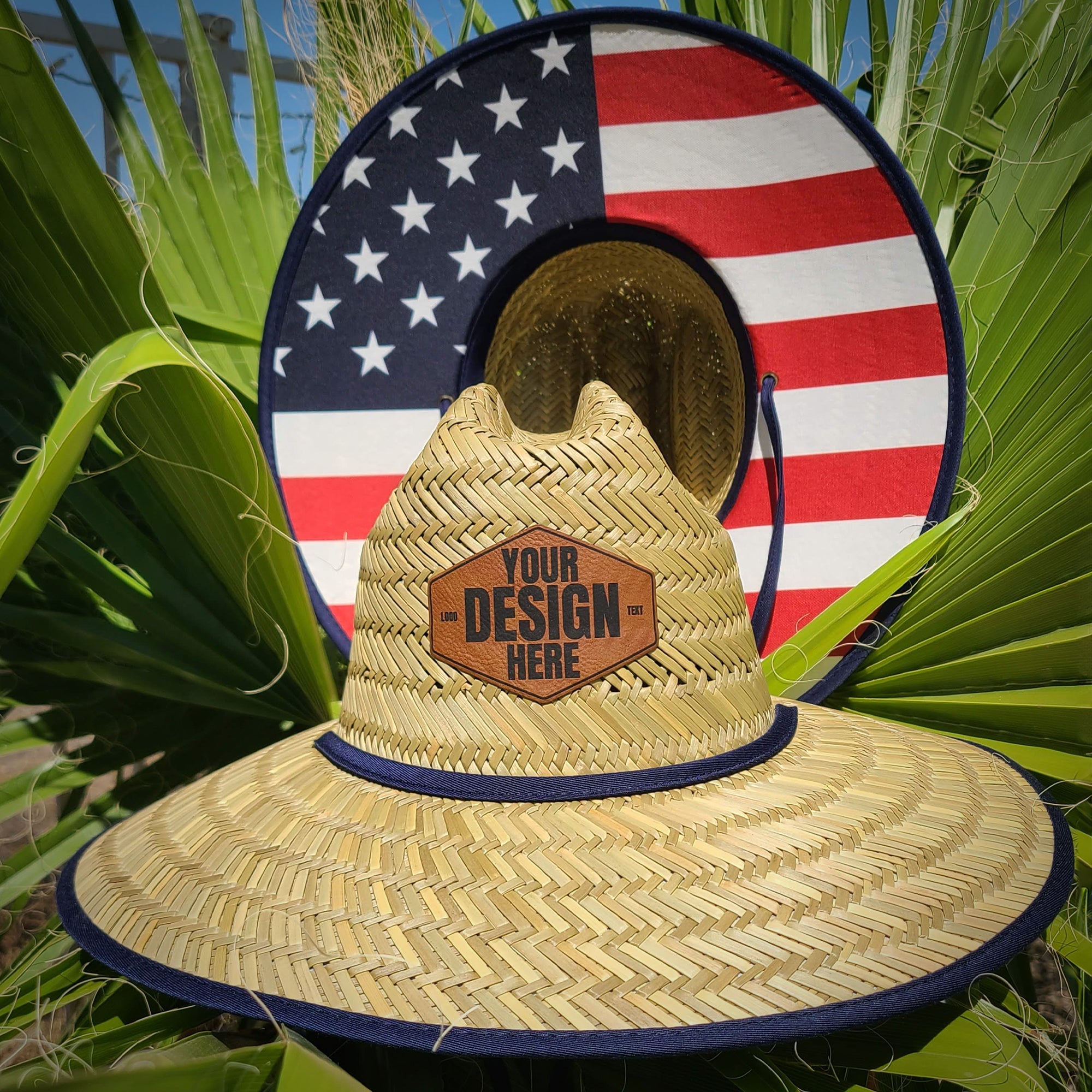 USA Flag July 4th Independence Day straw sun hat coach uv protection waterboy custom personalized leather patch vacation beach