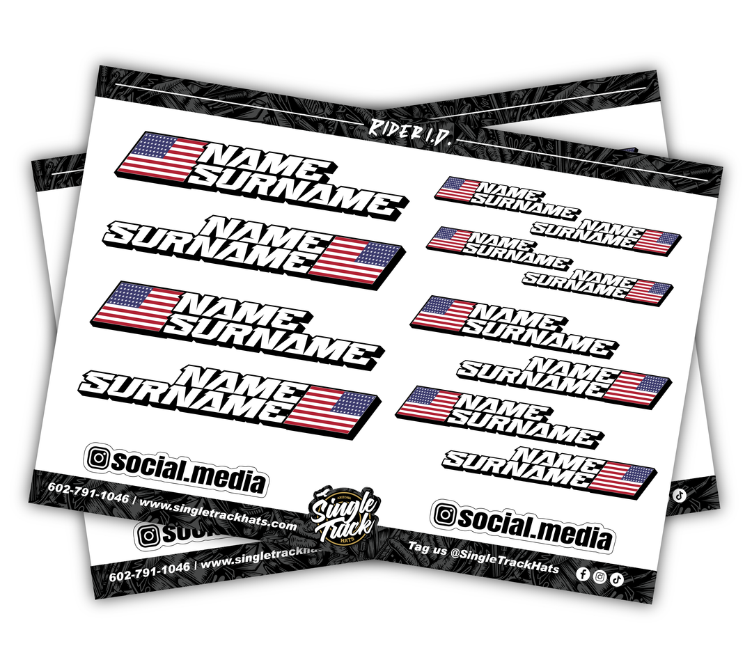 Custom bike name and flag sticker sheet – Wide Open Rider ID decals by Single Track Hats.