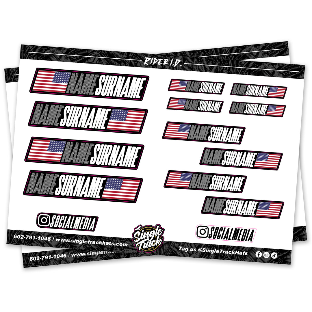 Rider Name Flag Sticker Sheet Personalized Decals Bikers Mountain Bike MTB USA Helmet Frame Cars Custom Country Stickers