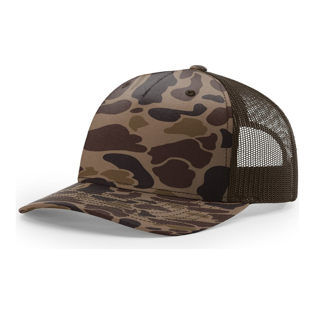 Richardson 112PFP five panel trucker hat in Bark Duck Camo with brown mesh back