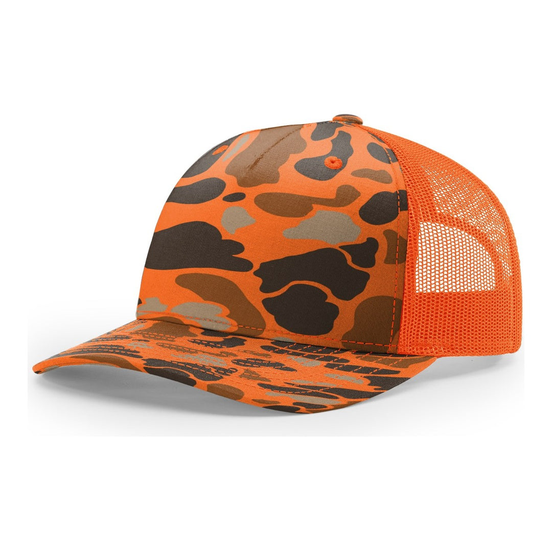 Richardson 112PFP five panel trucker hat in Blaze Duck Camo with blaze orange mesh back