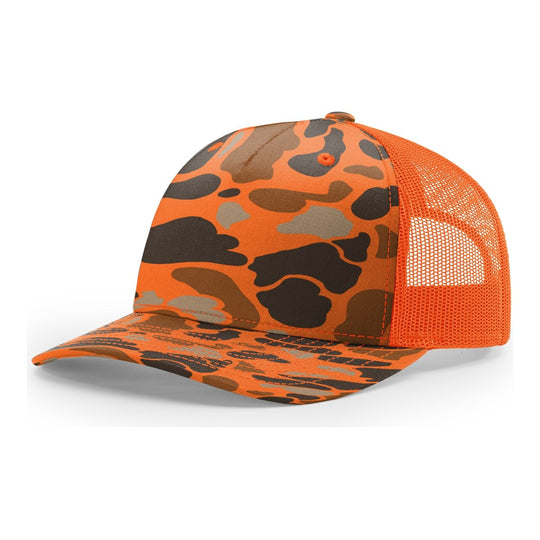 Richardson 112PFP five panel trucker hat in Blaze Duck Camo with blaze orange mesh back