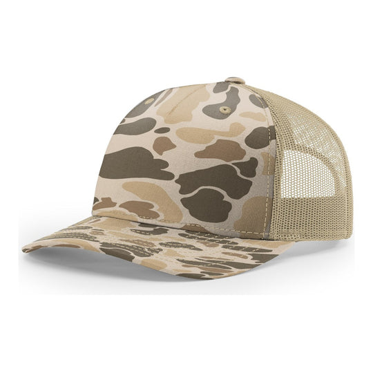 Richardson 112PFP five panel trucker hat in Harvest Duck Camo with light tan mesh back