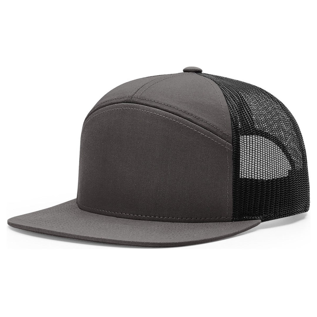 Richardson 168 seven panel flat bill trucker hat in Charcoal with black mesh