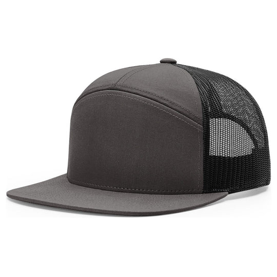 Richardson 168 seven panel flat bill trucker hat in Charcoal with black mesh