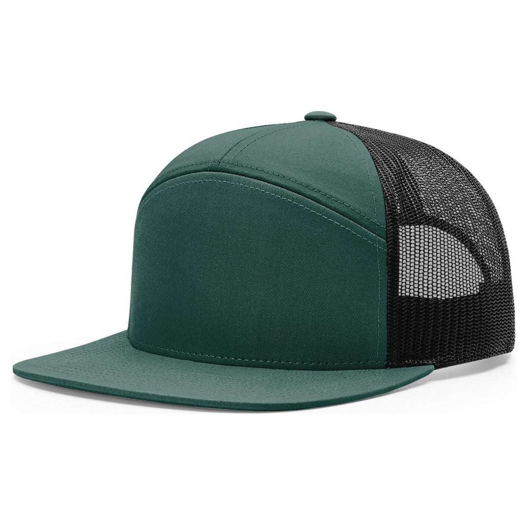 Richardson 168 seven panel flat bill trucker hat in Dark Green with black mesh