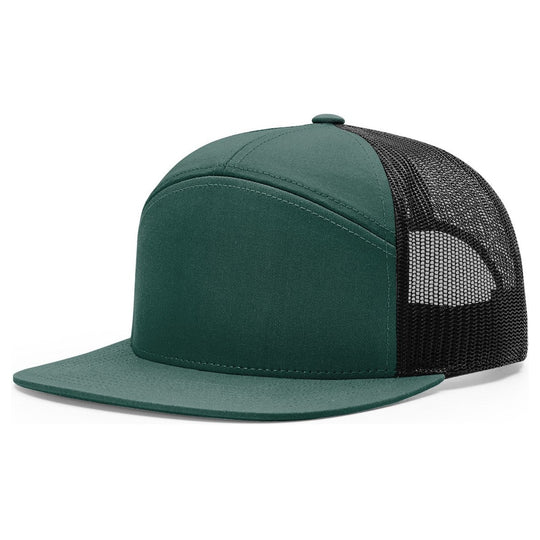 Richardson 168 seven panel flat bill trucker hat in Dark Green with black mesh