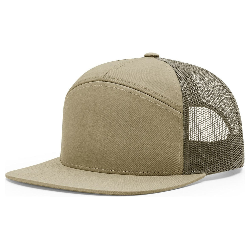 Richardson 168 seven panel flat bill trucker hat in Pale Khaki with Loden mesh