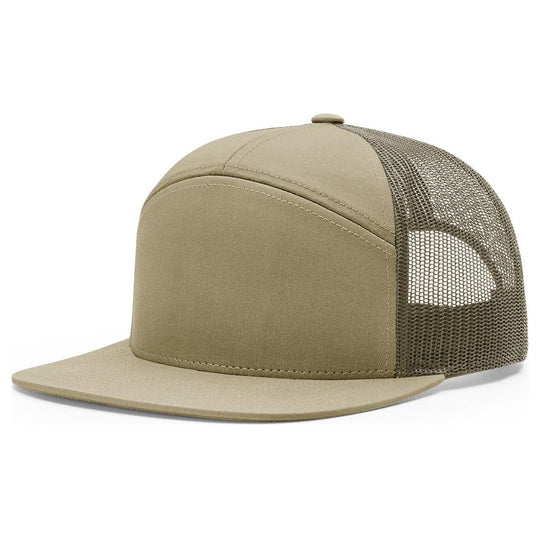 Richardson 168 seven panel flat bill trucker hat in Pale Khaki with Loden mesh