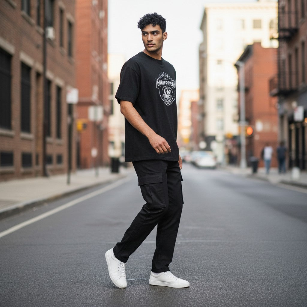 Single Track Hats GhostRiderZ black tri-blend t-shirt with crew neck and graphic logo on chest. Model walking at night.