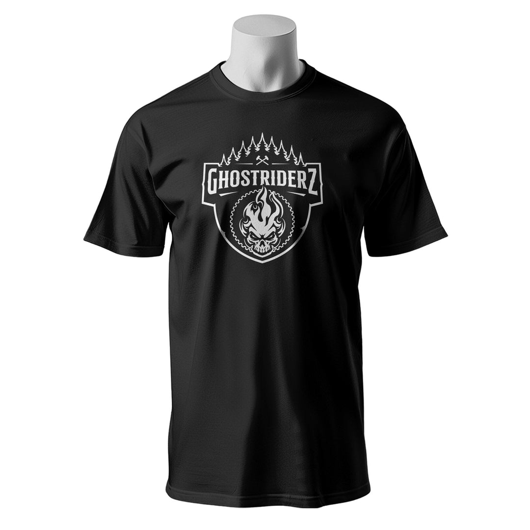 Single Track Hats GhostRiderZ black tri-blend t-shirt with a white skull and flames graphic.