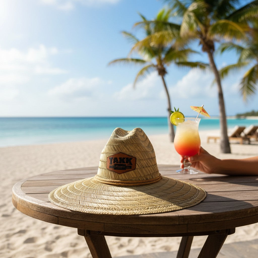 Single Track Hats natural straw sun hat with wide brim and leatherette patch featuring "TAK K ADVENTURE MRK" logo.