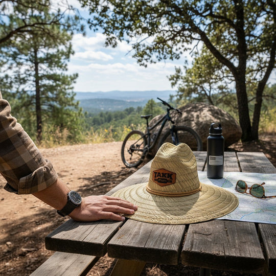 Single Track Hats natural straw sun hat with custom leatherette patch and rope trim, perfect for outdoor adventures.