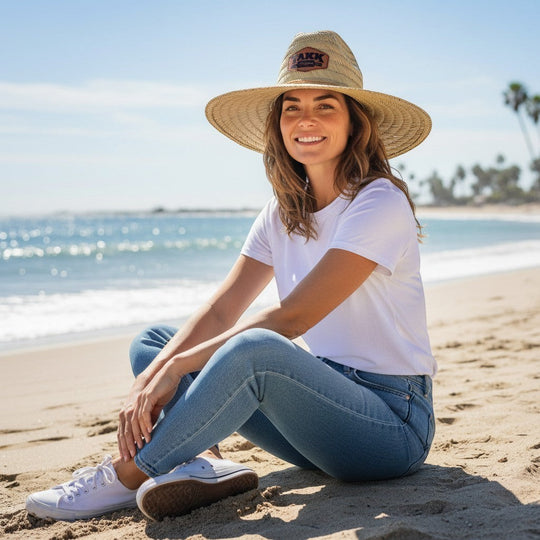 Single Track Hats natural straw sun hat with custom leatherette patch and rope detail. Wide brim for sun protection.