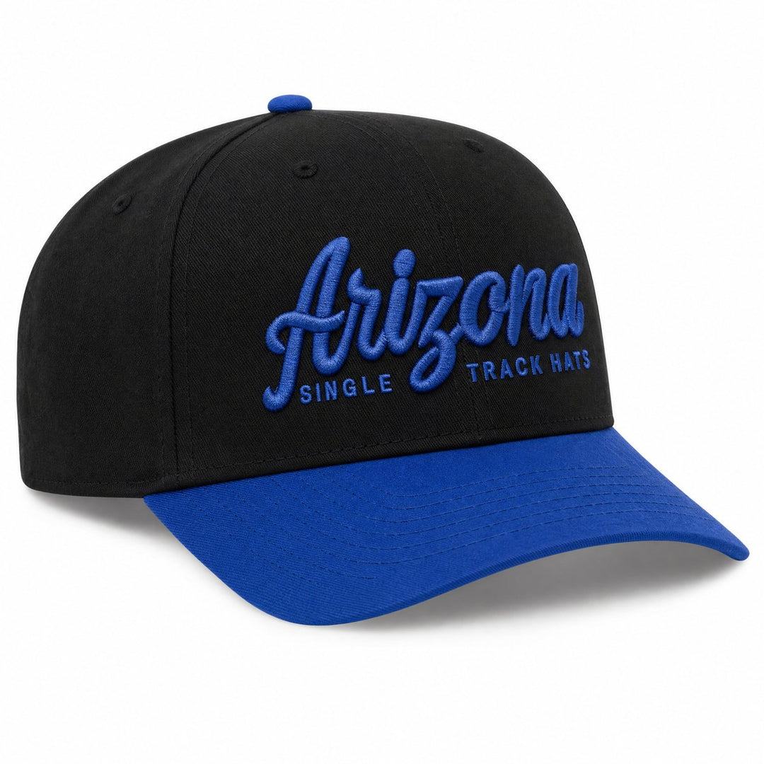 Arizona Single Track Hats 3D puff embroidered OTTO snapback, black crown with blue bill