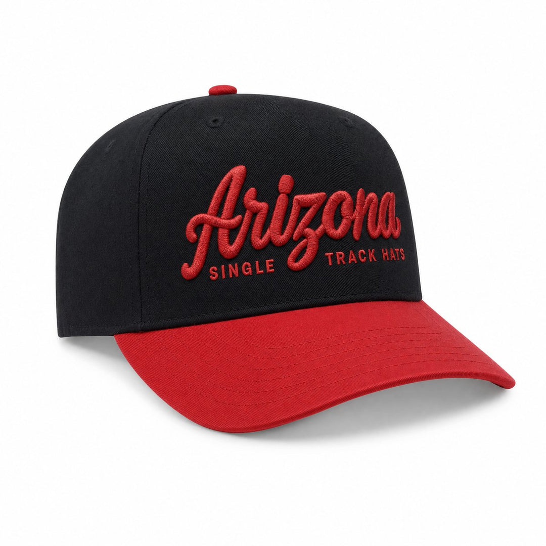 Arizona Single Track Hats 3D puff embroidered OTTO snapback, black crown with red bill