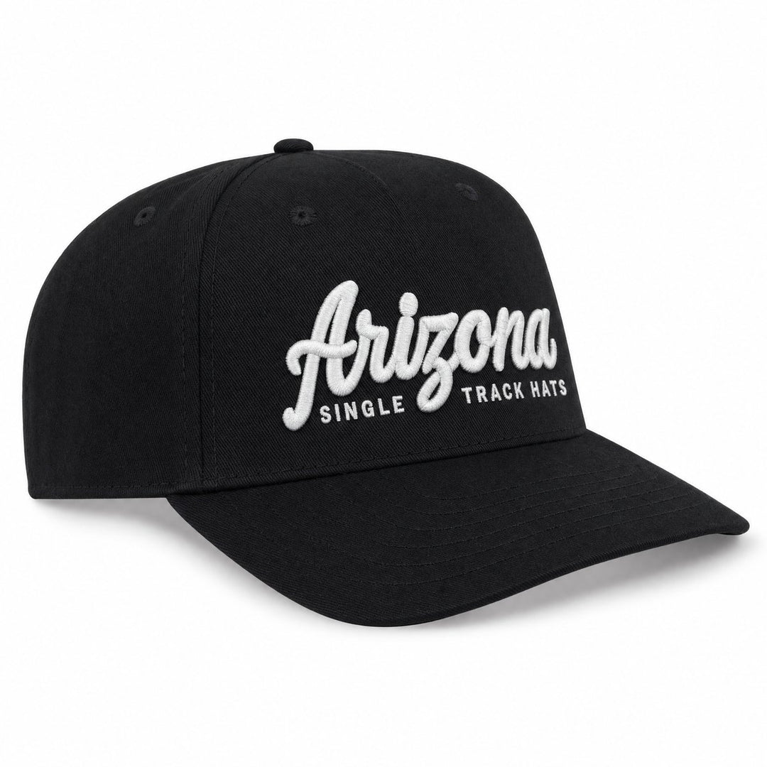 Arizona Single Track Hats 3D puff embroidered OTTO snapback, all black with white thread