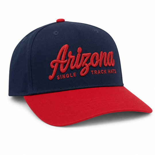 Arizona Single Track Hats 3D puff embroidered OTTO snapback, navy crown with red bill