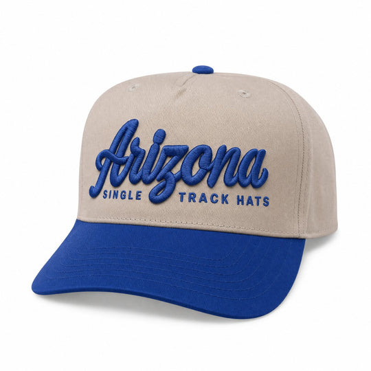 Arizona Single Track Hats 3D puff embroidered OTTO snapback, taupe crown with blue bill