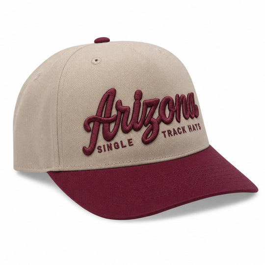 Arizona Single Track Hats 3D puff embroidered OTTO snapback, taupe crown with maroon bill