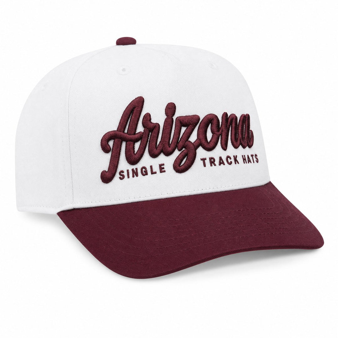 Arizona Single Track Hats 3D puff embroidered OTTO snapback, white crown with maroon bill